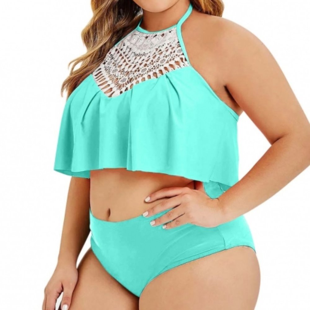 S6834 Sky Blue Halter Crochet Panel Overlay Tankin